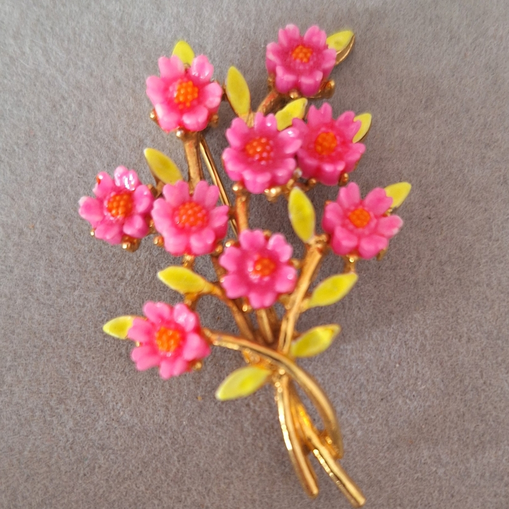 Pink & Green Enamel Flower Brooch W/ Gold Tone Stem Signed ART